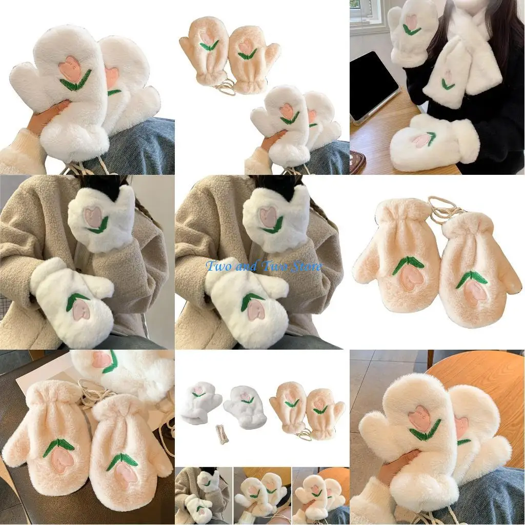 

HX6F Keep Warm Full Finger Gloves Couple Skiing Thicken Mitten with Embroidery Flower