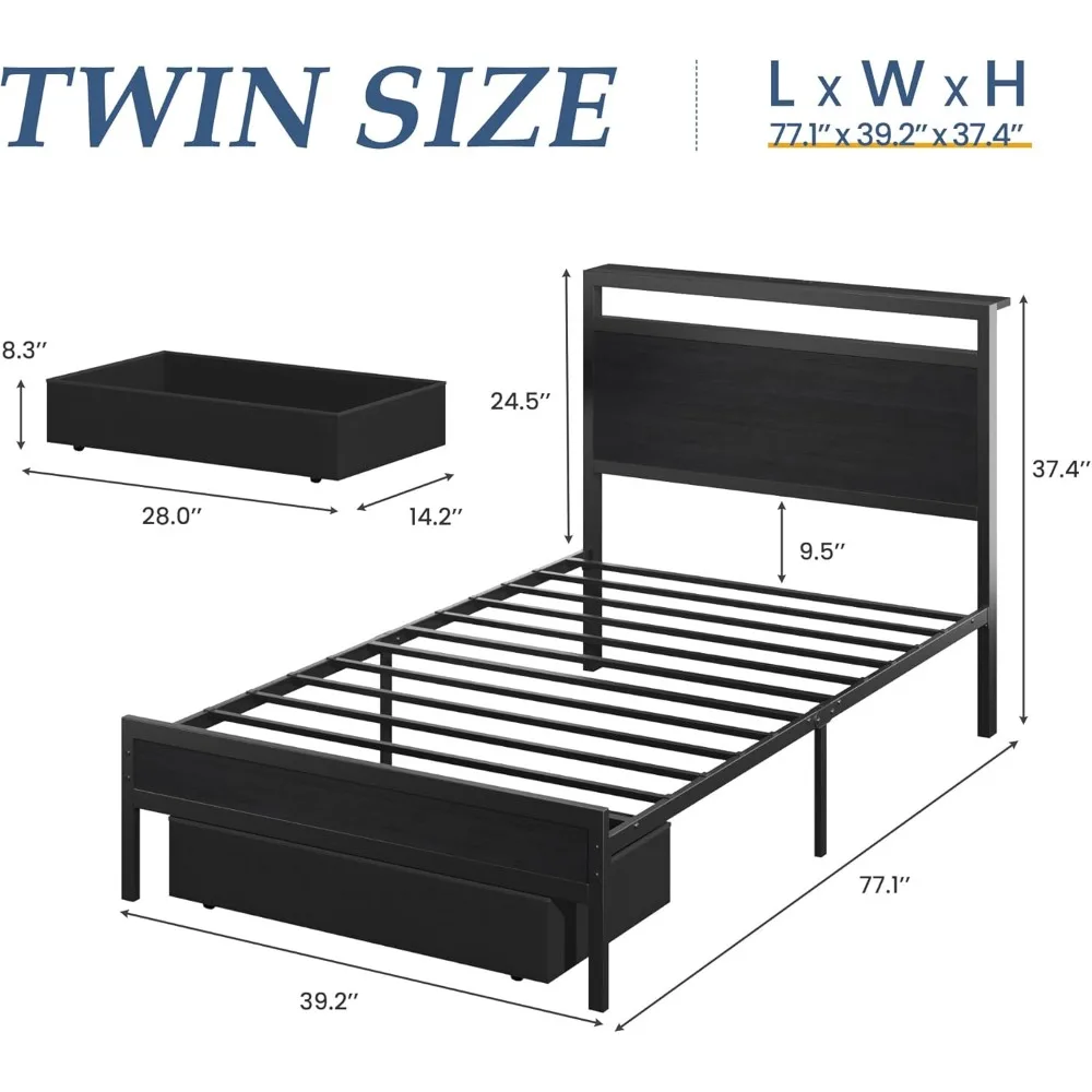 Estrutura de cama de solteiro, estrutura de cama de solteiro com cabeceira de armazenamento e gaveta de armazenamento, estação de carregamento e luz LED, sem necessidade de molas
