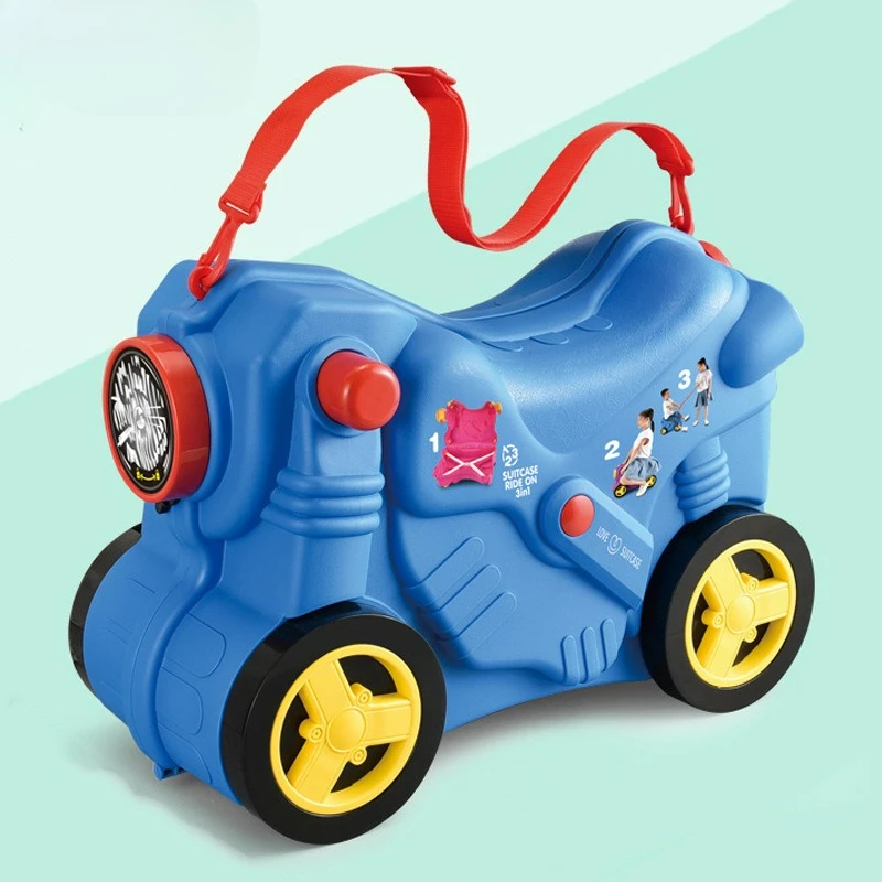 Children's Riding Motorcycle Luggage – Fun Portable Plastic Trolley Travel Suitcase with Unidirectional Wheel Travel Bags