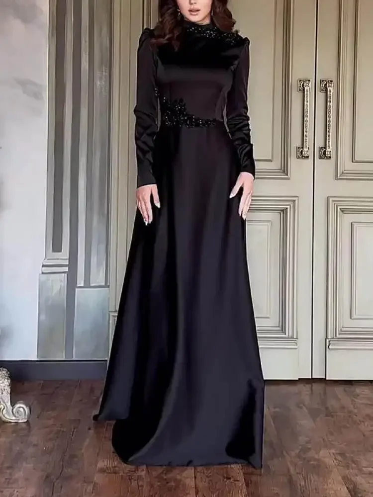 Krisnanas Long Sleeves Embroidered Sequined Elegant Party Evening Dresses 2024 Autumn Wrap Black Zipper Maxi Dresses for Female