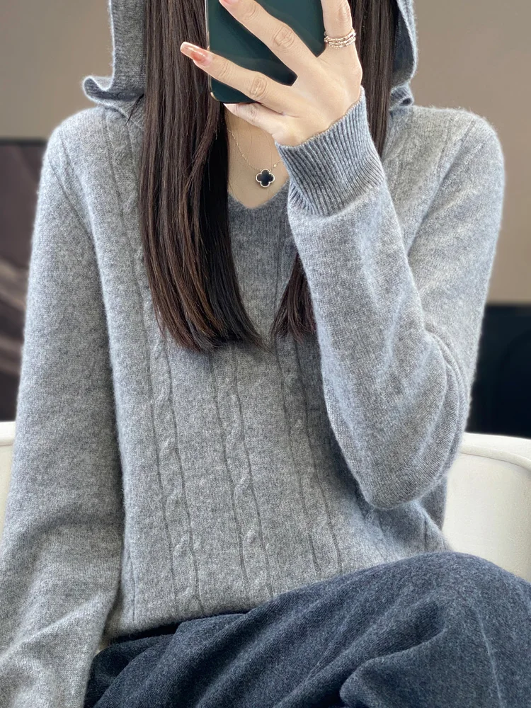 

Женская вязаная толстовка из 100% мериносовой шерсти: модный повседневный кашемировый свитер-худи для весны и осени