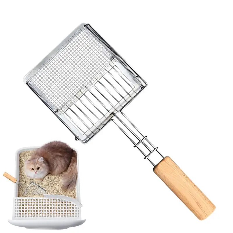 Cat Poop Scoop Metal Non Stick Fine Mesh Cat Scooper With Flat Head Portable Cat Supplies With Wood Handle Innovative Push-pull