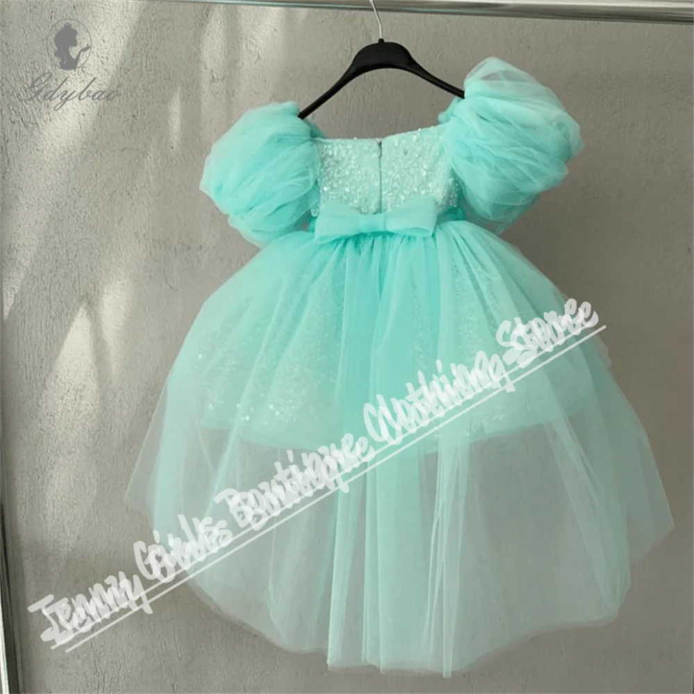 

Light Green Sequins Baptism Flower Girl Dress For Wedding Short Sleeves Puffy Tulle Baby Wedding Party Formal Event Gown