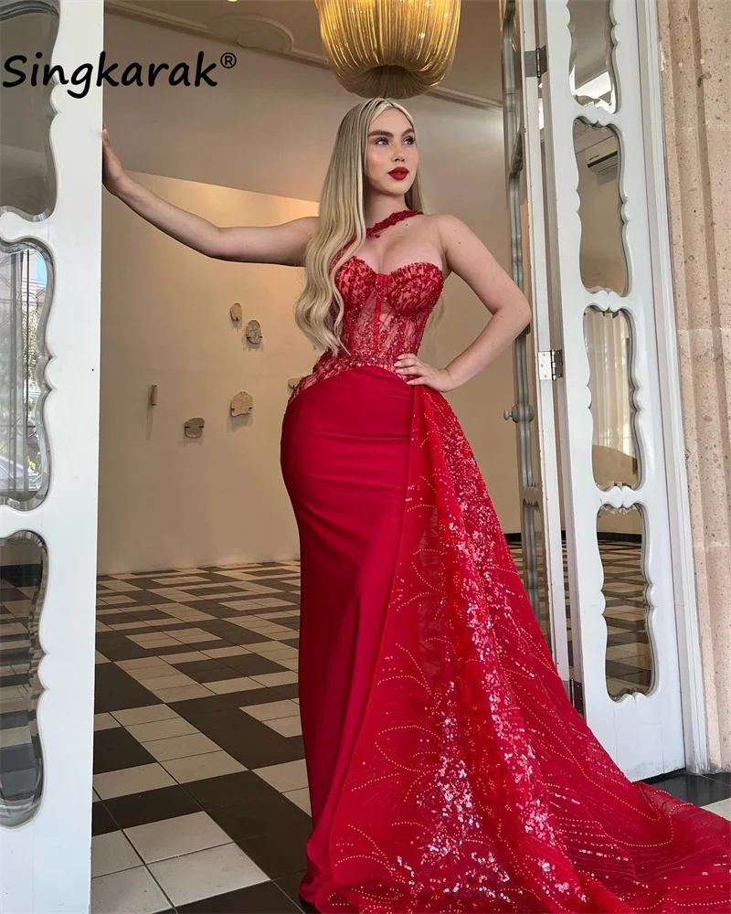 Arabic Red Evening Dresses Sexy Side Train Glitter Beading Sequins Wedding Party Banquet Dance Party Robes De Soirée Customized