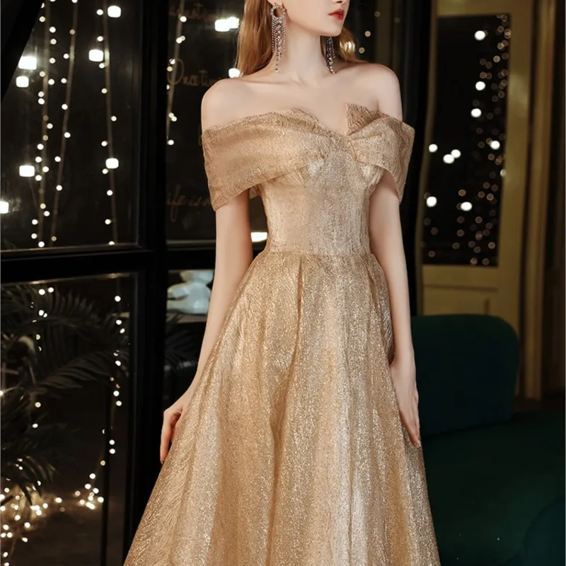 Banquet Skirt New off-Shoulder Temperament Golden Party Host Slim Female Dress