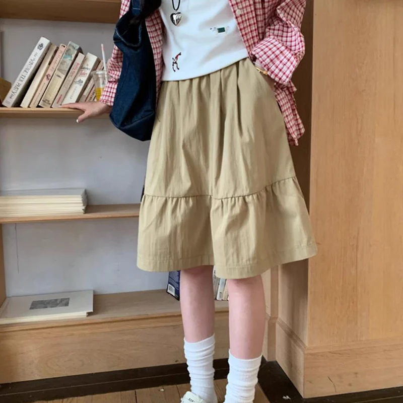 Japanese Style Elastic Waist A Line Skirt Women Summer High Waisted Knee High Skirts Woman College Pocket Solid Color Skirt
