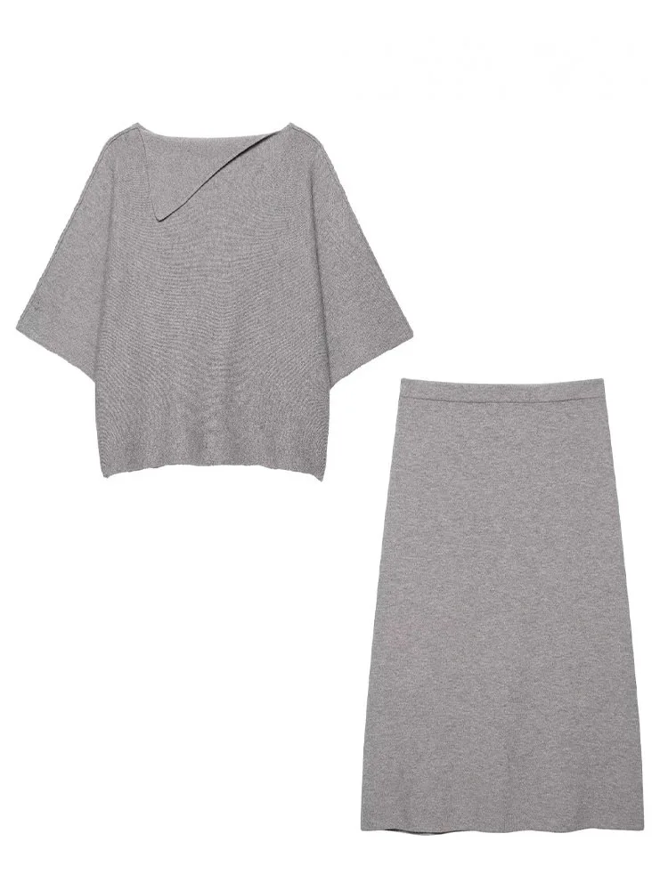 HH Mulheres Outono Casual Saia Ternos Assimetria Flip Collar Mangas Compridas Pulôver Suéter + Cintura Elástica Saia Midi de Malha