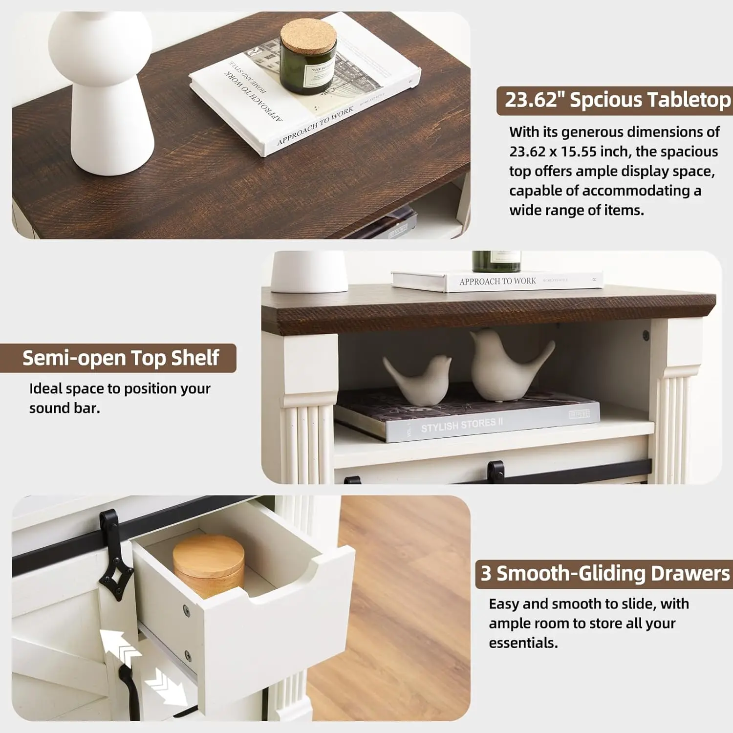 خزانة حمام المزرعة مع باب الحظيرة المنزلق، وخزانة تخزين ريفية مع درج - أبيض عتيق