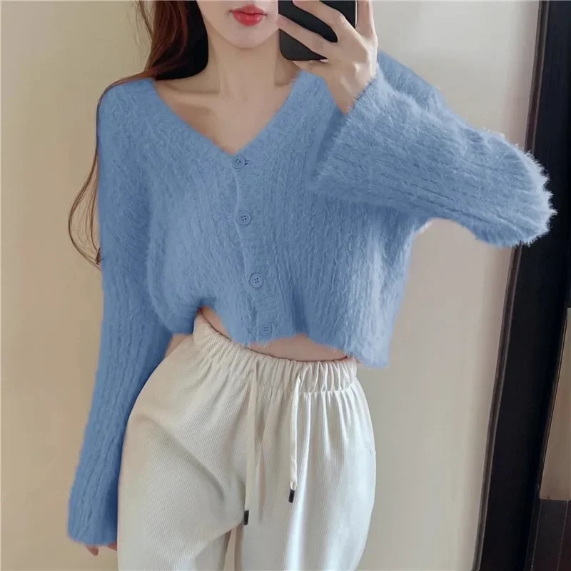 Soft and Waxy Short Sweater for Women in Autumn and Winter V-neck Knitted Cardigan Loose High-waisted Coat Furry Top Trendy