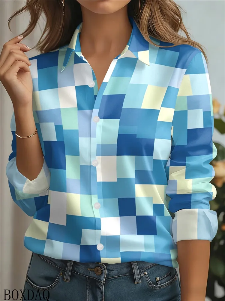 2026 Geometric Pattern Printed Shirts For Women's Casual Long Sleeve Lapel Button Loose Blouse For Office Women's Clothing