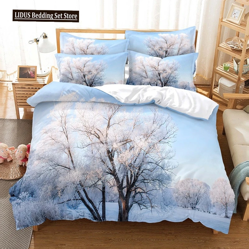 

Tree Duvet Cover Set Snow Winter Style Beautiful Landscape 3D Print Polyester Comforter Cover King Queen Full Size For Kid Boy