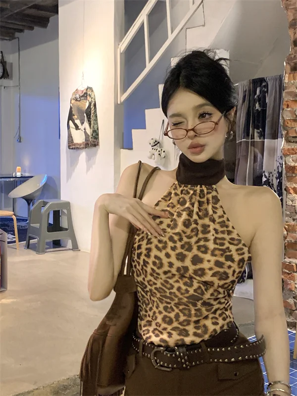 

American Style Leopard Print Retro Neck Hanging Vest Women Sexy Design Summer Slimming Base Top Korean Version Commute