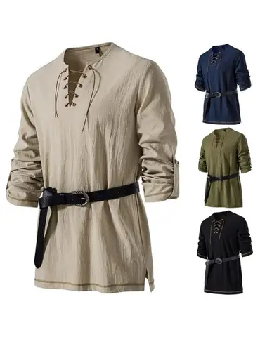 Men's Medieval Lace Up Tunic Shirt Renaissance Viking Pirate Costume Long Sleeve Retro Tops with Belt for Halloween Cosplay