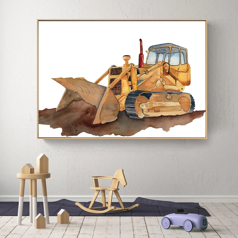 Watercolor Backhoe Loader Bulldozer Dump Truck Excavator Posters Canvas Painting and Prints Wall Art Pictures Living Room Decor