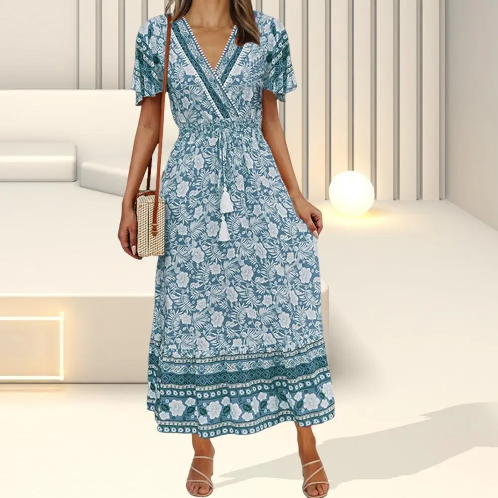 

Lady Dress V Neck Short Sleeve Print Tight Waist Bohemia Beach Dress Female Clothes