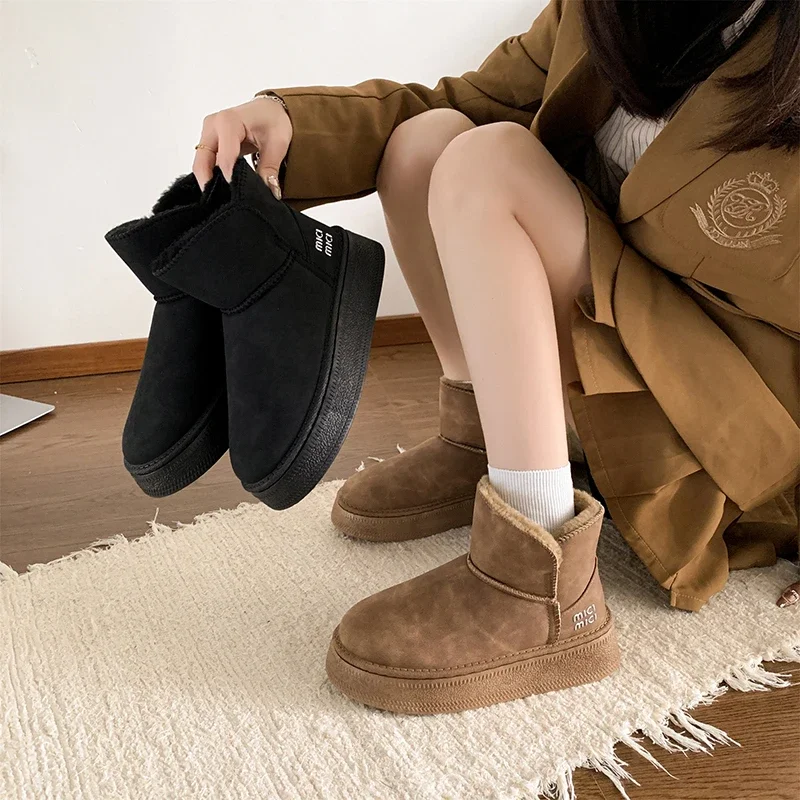 Winter New Elegant Black/brown Suede Round-toe Cold-proof and Warm Snow Boots Comfortable Stitched Mid-calf  Women's Boots