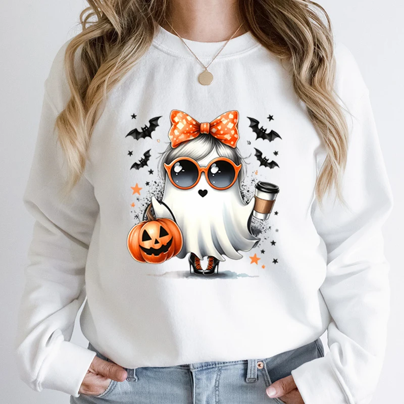 

Halloween Ghost Pumpkin Bat Print Pullover Round Neck Women Hoodless Sweatshirt Long-sleeved Autumn And Winter Casual Sweatshirt