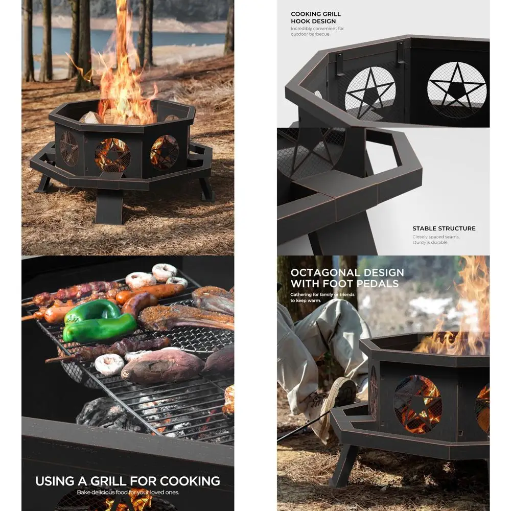 Achteckige feuerstelle für den Außenbereich mit Holzverbrennung und Kochgrill, große, robuste Feuerstelle für den Außenbereich