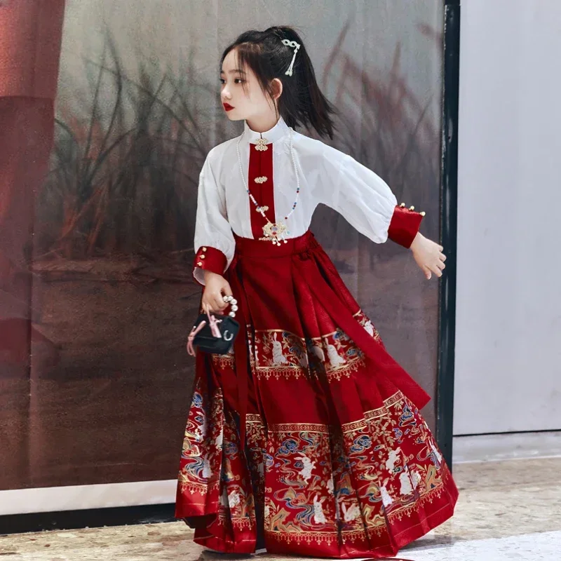 

2024 New Summer Chinese Hanfu for Girls Embroidery Horse-face Skirt for Kids Princess Hanbok Chinese Traditional Dress