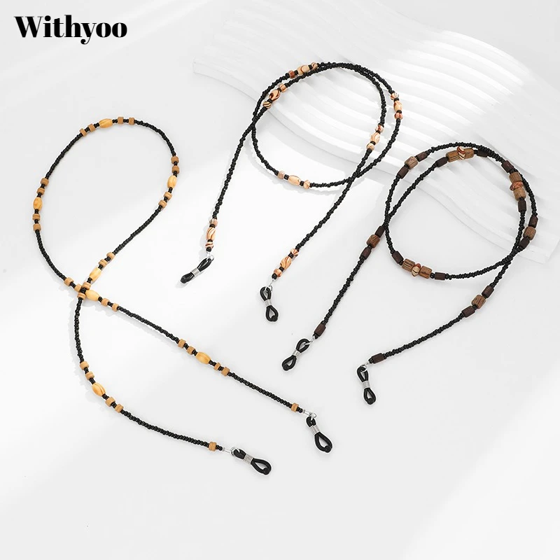 Withyoo | Handgefertigte hölzerne Perlen-Brillenkette für Männer und Frauen, schwarze Maskenkette, Kopfhörerkette, rutschfest