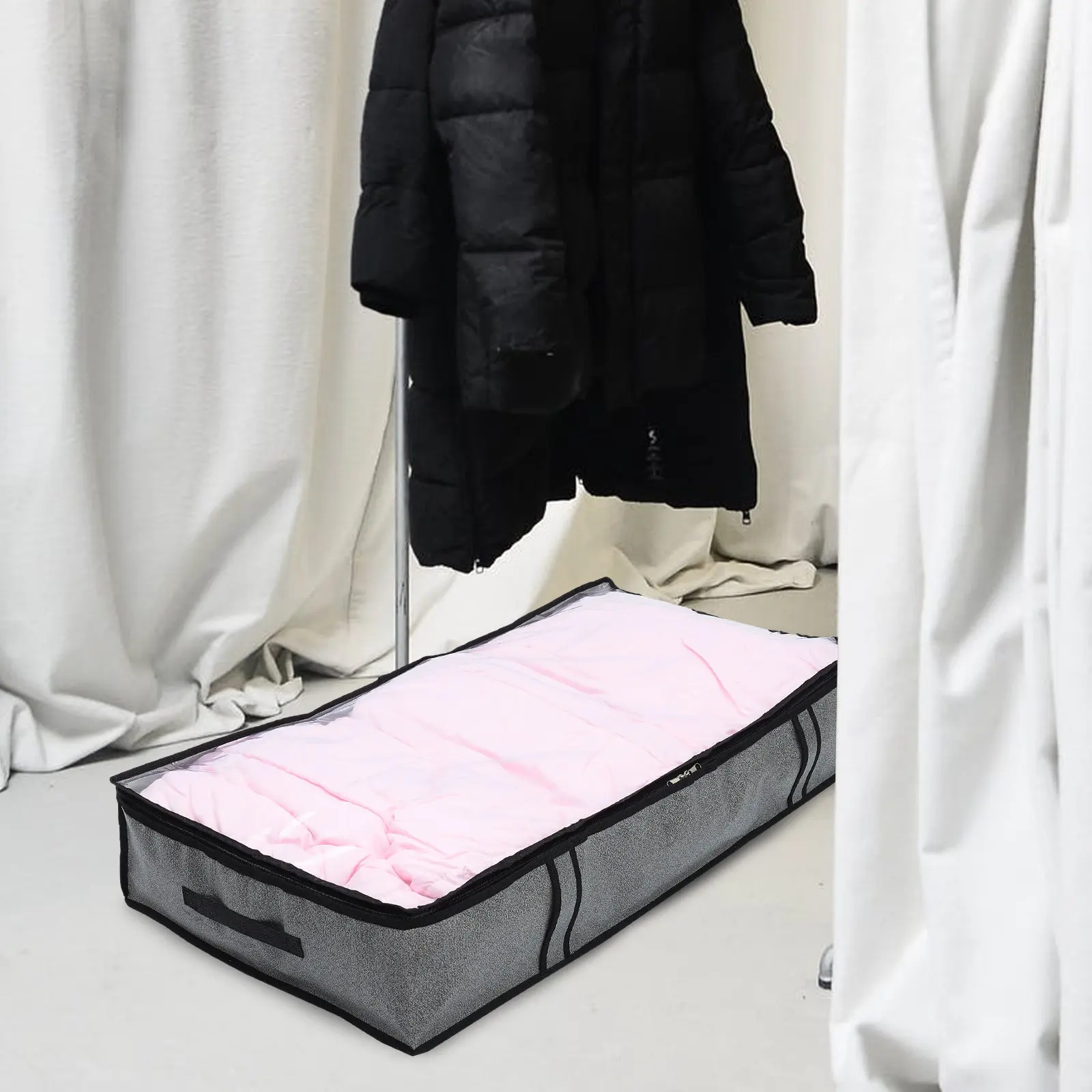 Large Breathable Quilts Storage Bag Non-Woven Material Zippered Storage Bag for Blanket Heavy Duty Handles Transparent Panel