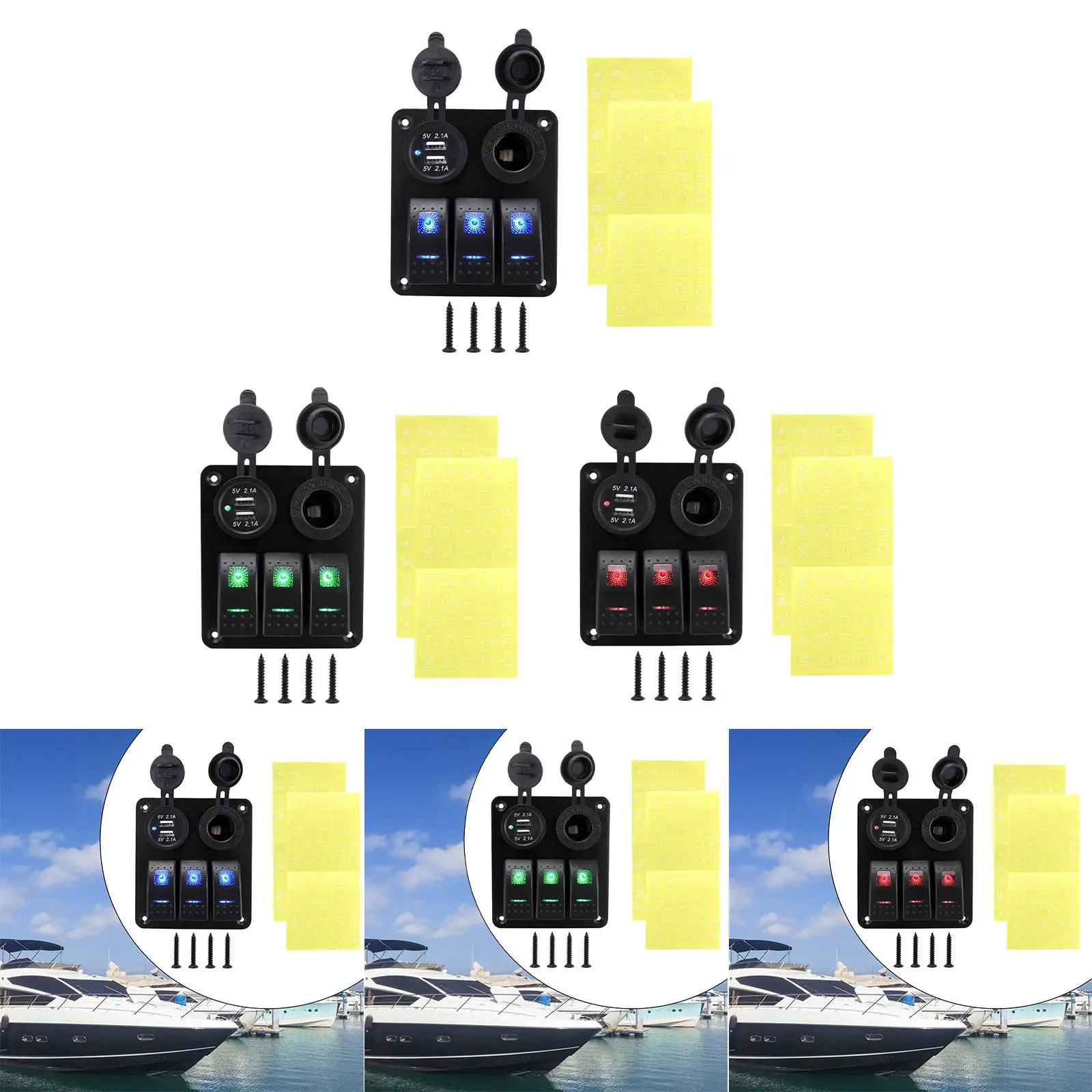 Universal 3 Gang Rocker Switch Panel with Cigarette Lighter Socket Easy to Install 12V 24V DC for Vehicle Car RV Marine Boat