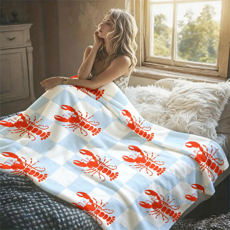 Lobster Checkerboard Flannel Blanket Warm Soft Halloween Christmas Decorative Couch Warm Cozy All-Season Gift