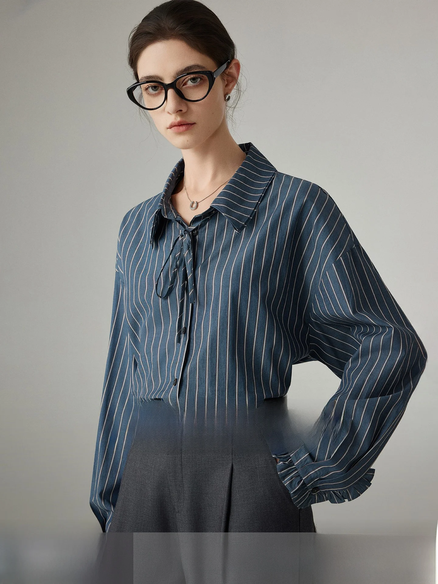 

Deep Blue Striped irt Women's Double Layer Collar Tie Dye Weave irt Top Neutral Sle Straight Cut Long Sve Anti-Wrinkle