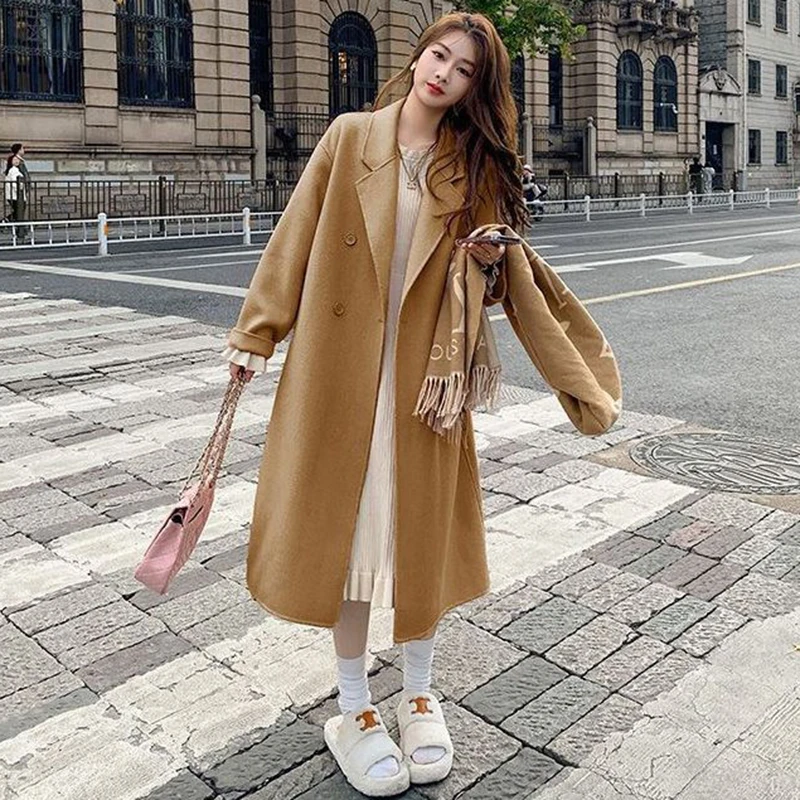 

Autumn Winter Woolen Coat Female Casual Turn-down Collar Warm Outerwear Coats Loose Mid-length Wool Jackets Women Trend