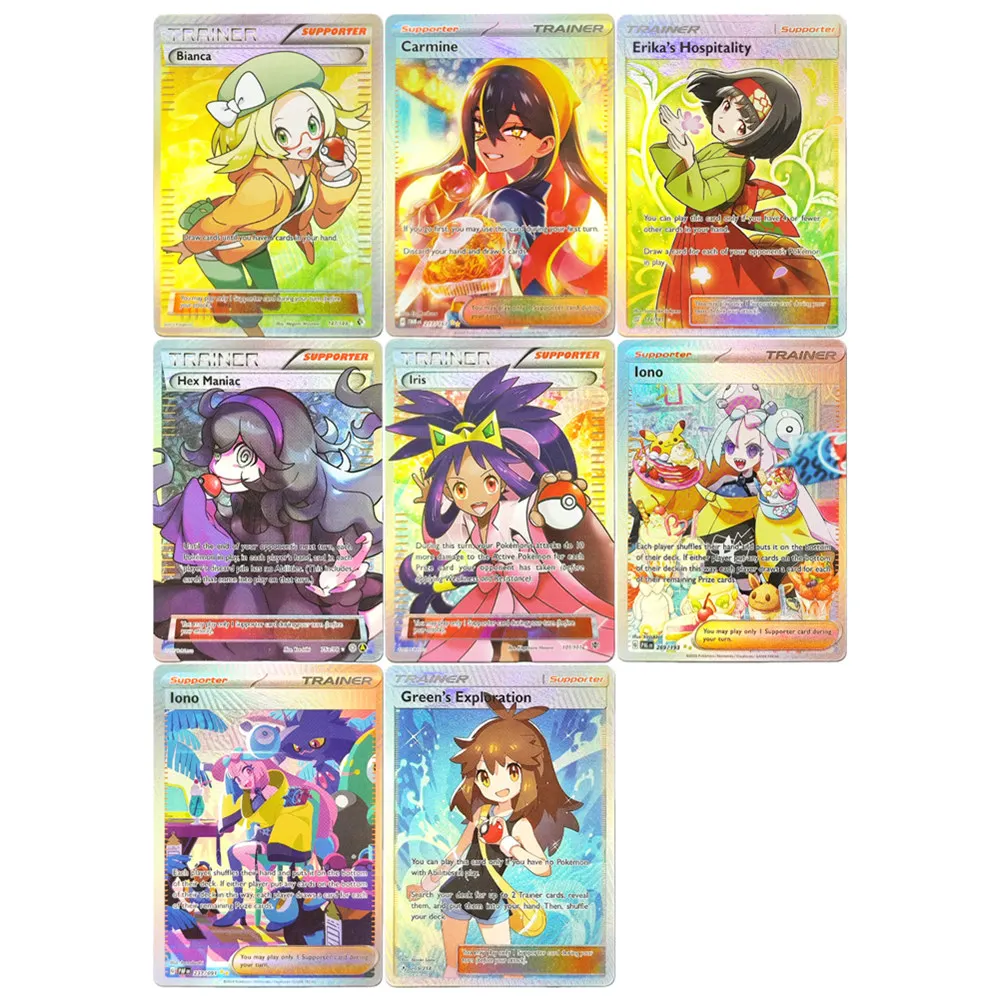 Tarjeta de Juego Coleccionable Proxy Pokémon: Entrenadora Bianca, Exploración Verde de Iono, Hospitalidad de Erika, Iris, Hex Maniac, Carmine (Colección en Inglés)