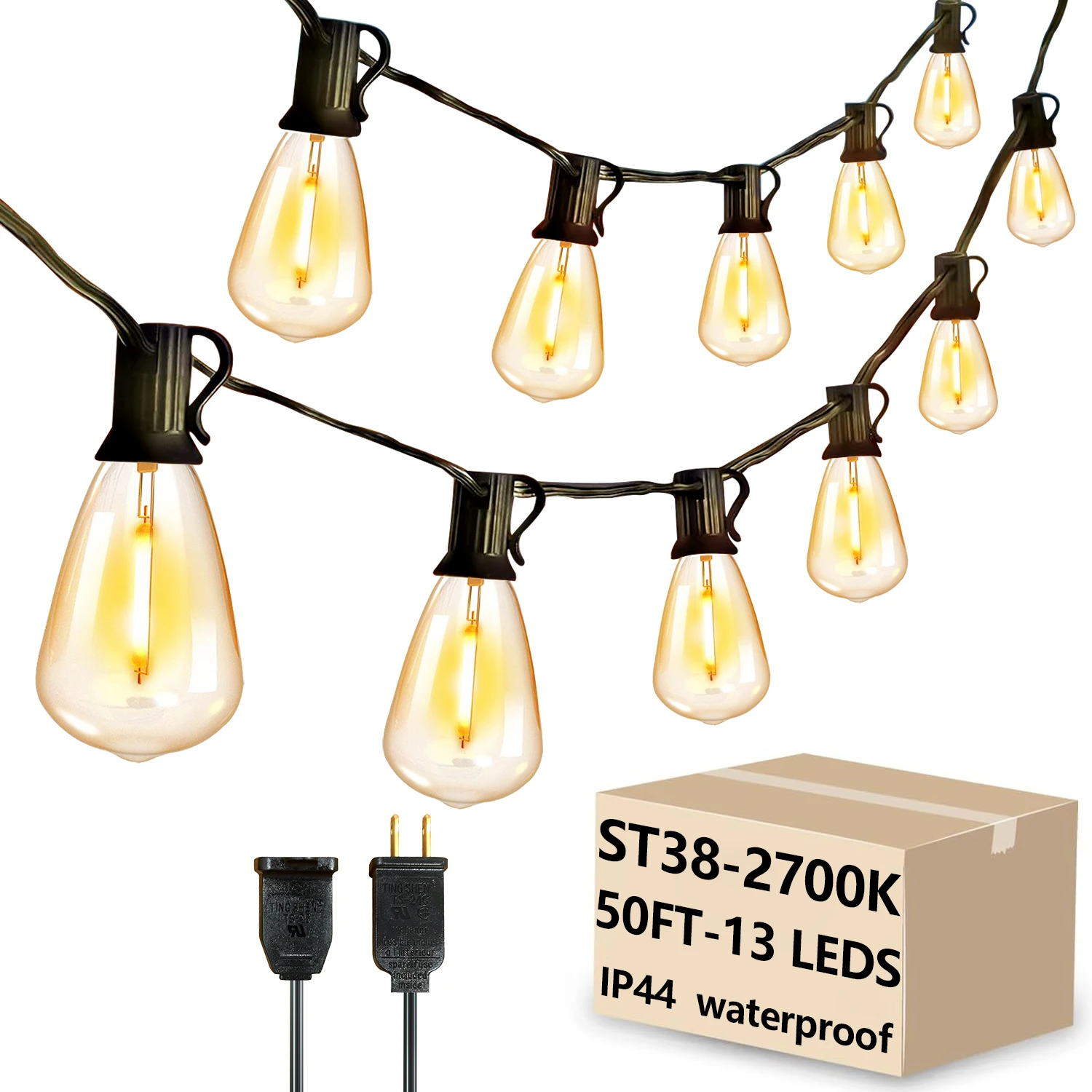 

50FT ST38 LED Outdoor String Lights, 2700K Dimmable, Patio Lights with 13 Edison Vintage Bulbs,1W/Bulb, Waterproof Outdoor Light