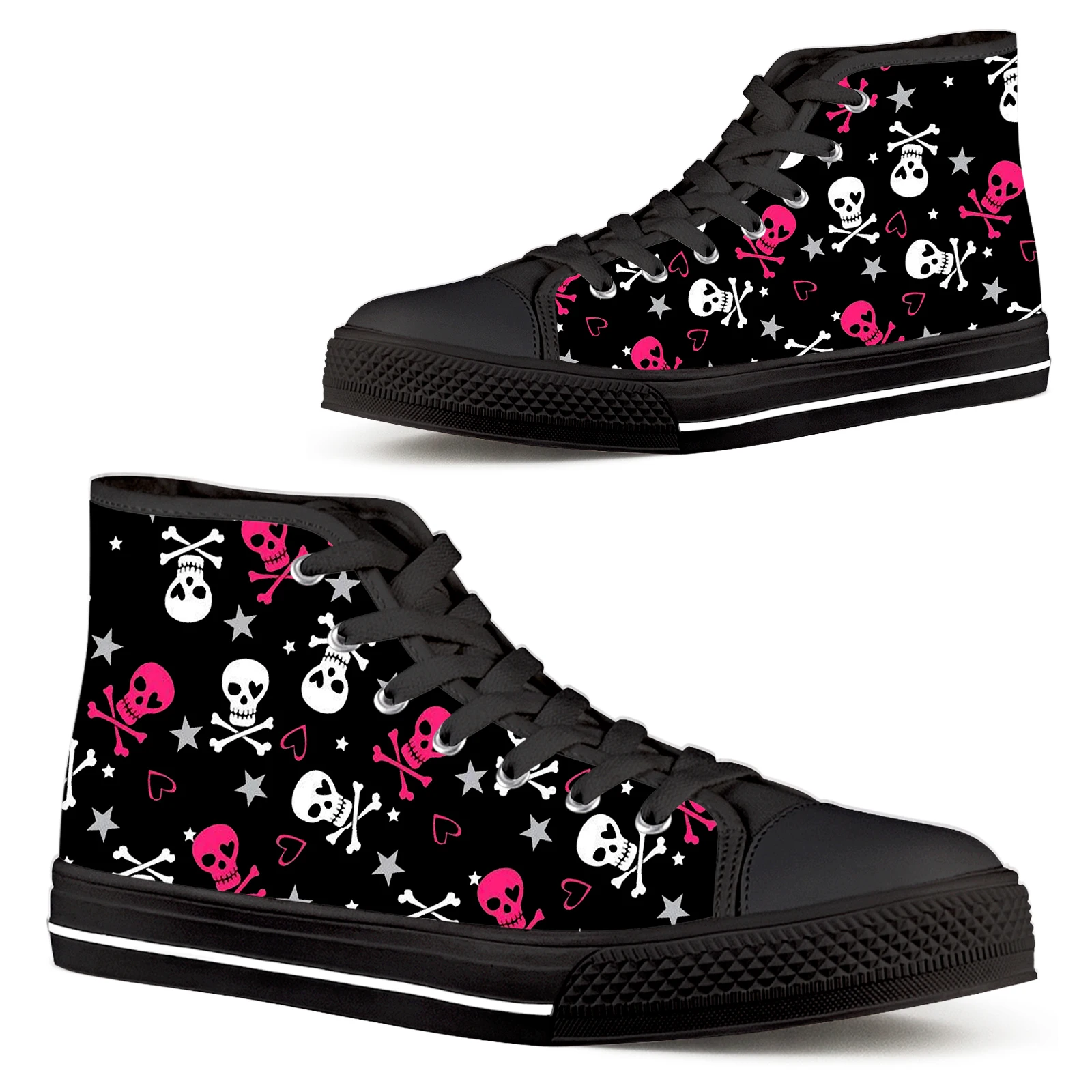 ELVISWORDS Gothic Skull Women's Shoes Comfortable Lace-up High-top Shoes Love Skull Print Casual Shoes Black Walking Shoes Mujer