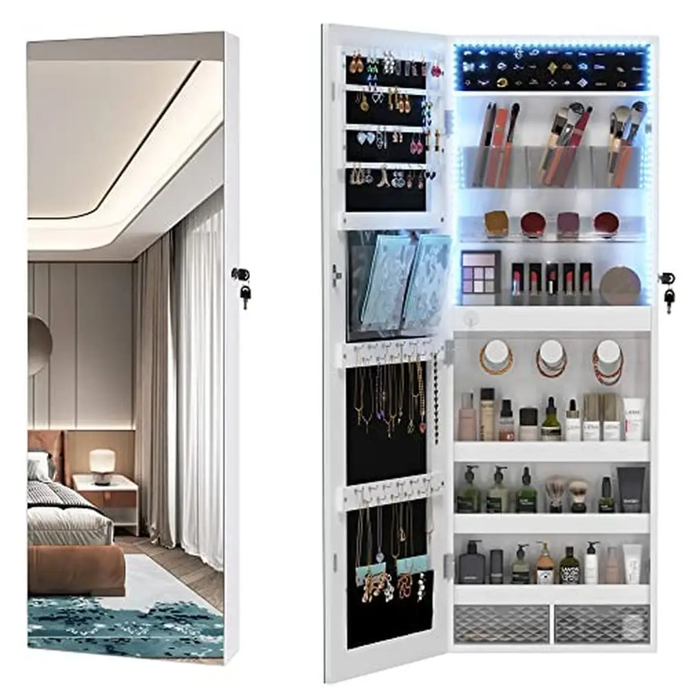 LED Lights Lockable Jewelry Armoire Organizer Mirror Hanging Over Door Storage White Organizer Makeup Holder Safe Space Full