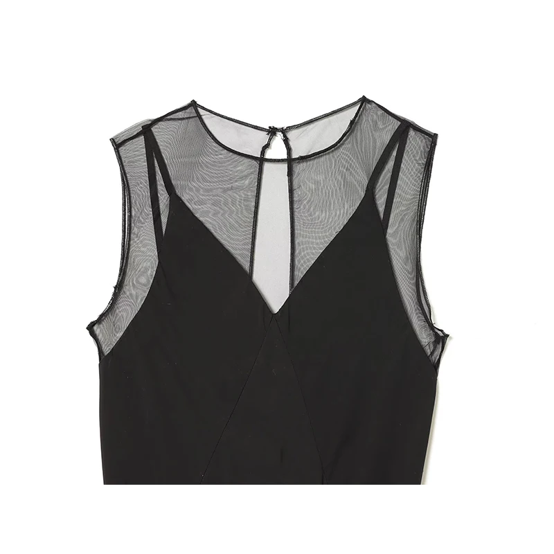 YENKYE فستان طويل أسود أنيق شبه شفاف للنساء بياقة دائرية بدون أكمام على شكل حرف a للحفلات ماكسي فيستدوس