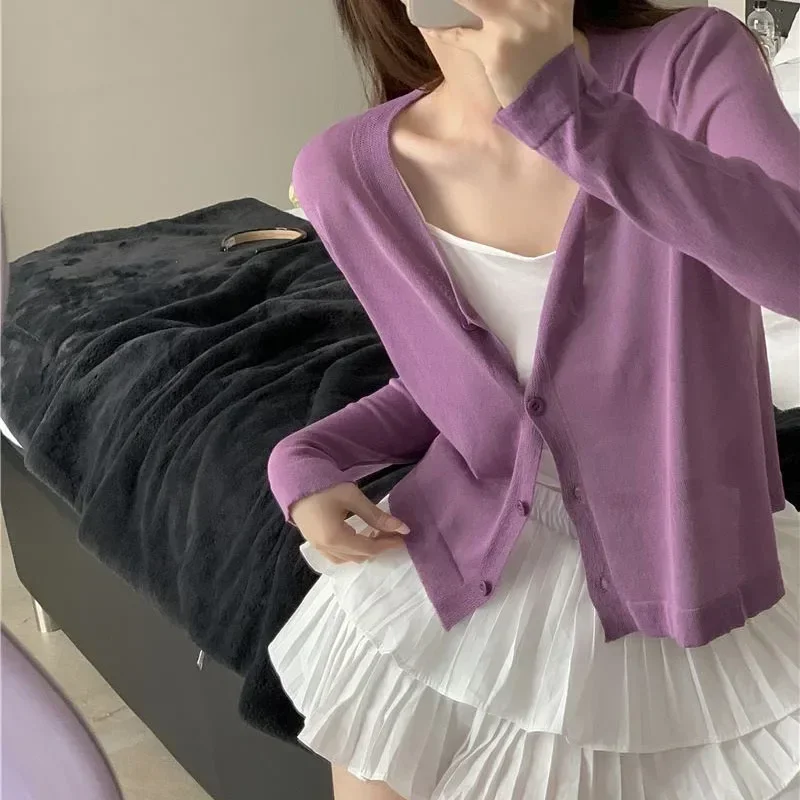 

Тонкие вязаные кардиганы в ленивом стиле, женские летние свободные солнцезащитные трикотажные изделия, женские винтажные уличные вязаные пальто с v-образным вырезом, топ