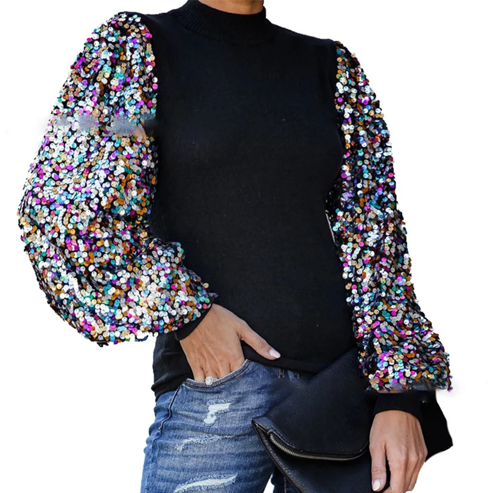 

Hot New Stylish Women's Tops Daily Female Ladies Long Sleeve Mock-Neck Regular Sequins T Shirt Shirts Slight Strech
