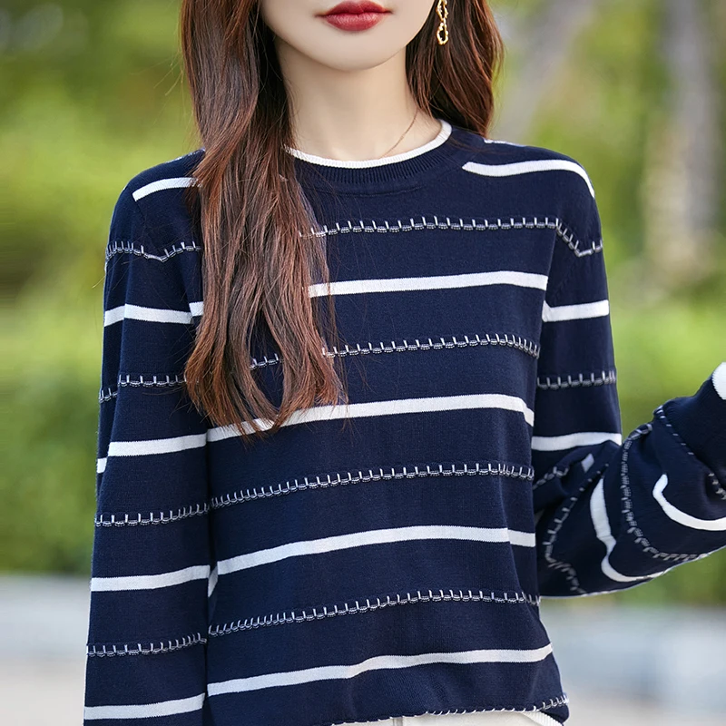 

Осенне-зимний новый женский полосатый вязаный свитер с круглым вырезом, свободный пуловер, нижняя рубашка с длинными рукавами, топ в тон