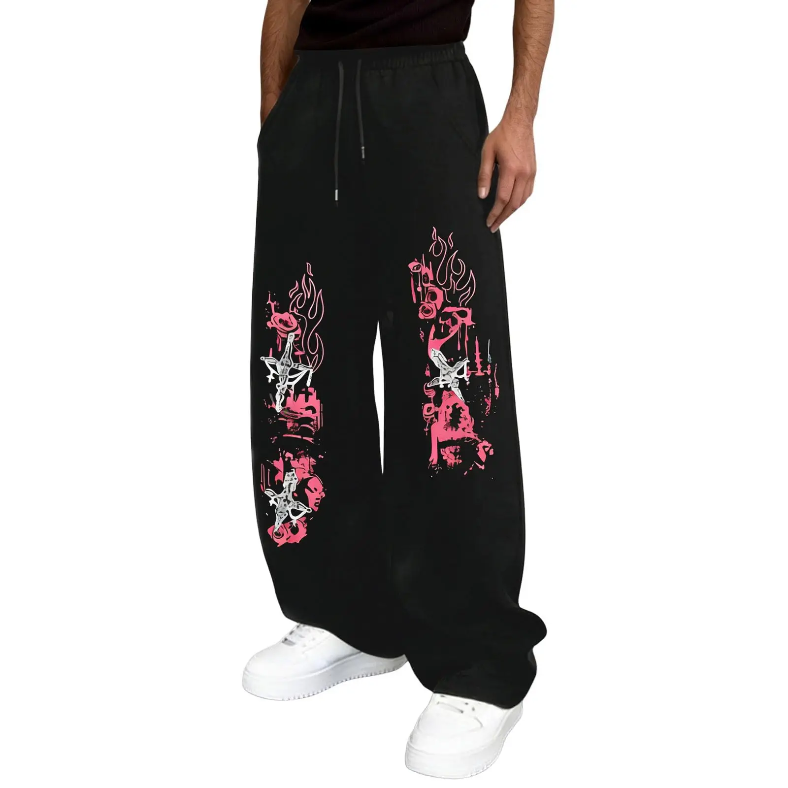 Men Women Straight Trousers 3D Punk Flame Graffiti Art Print Quick Dry Pants Elastic Waist Hip-hop Fashion Long Pants