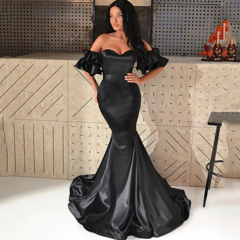 

Sexy Black Prom Dresses For Women Off The Shoulder Sweetheart 2024 Mermaid Short Sleeves Cocktail Party Gown فستان حفلات الزفاف