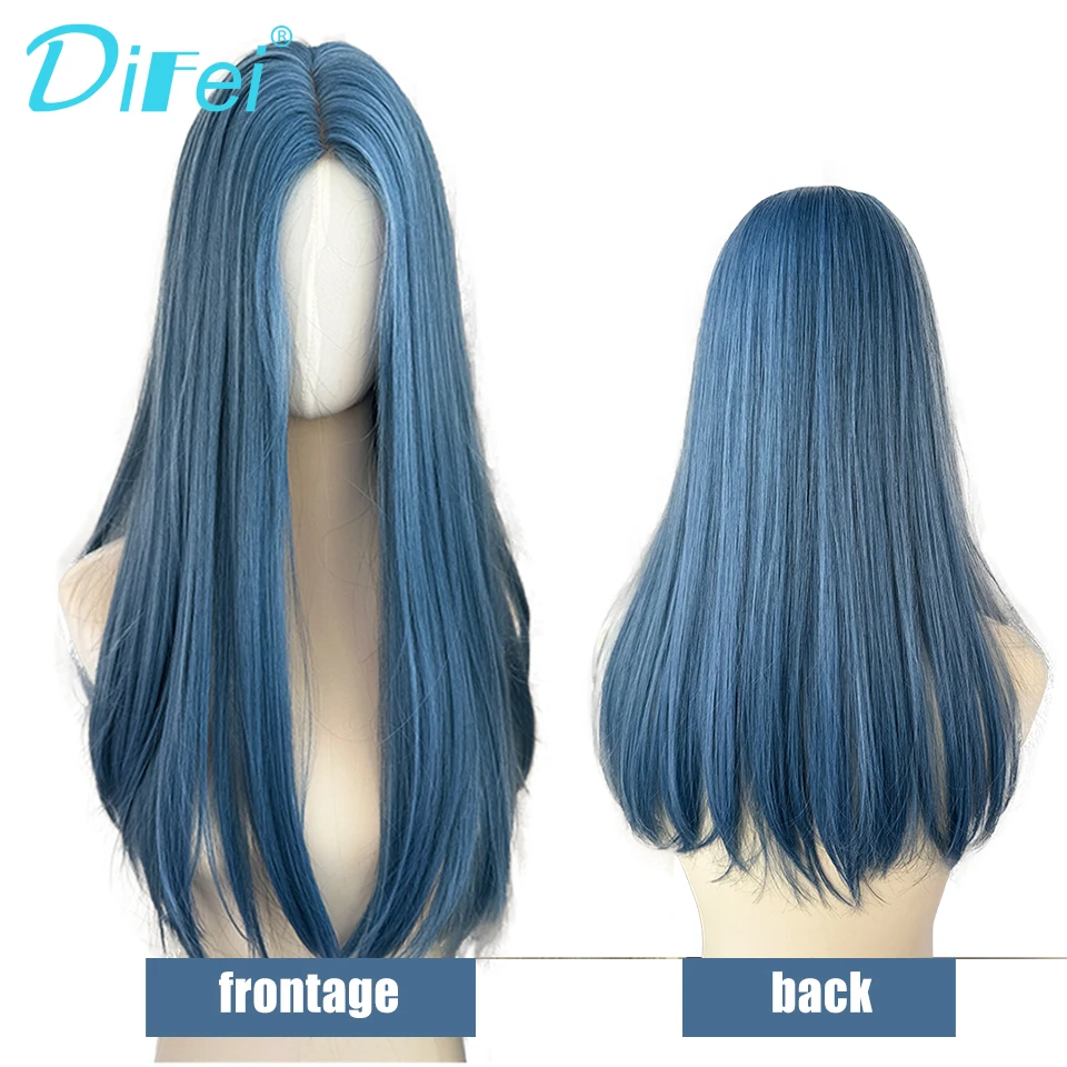 Forehead Lace Blue Long Straight Synthetic Wig Female Fresh Loneliness Daily Smog Blue Long Straight Hair Wig