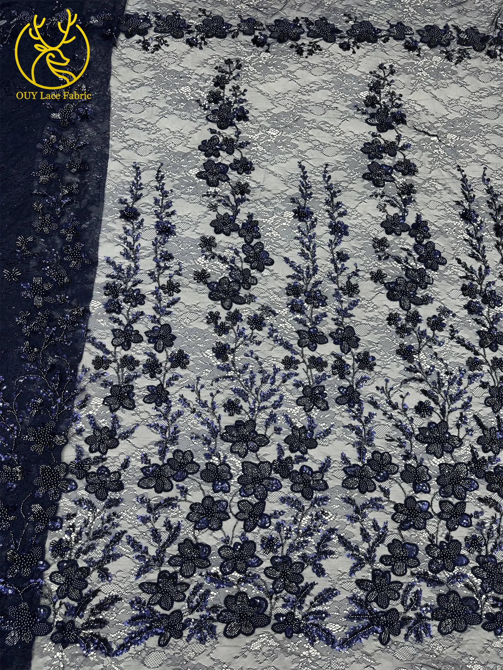 Afrikanischer Bräutigam Bestickter Pailletten-Spitzenstoff 2026 Luxuriöser Marineblauer Französischer Perlen-Spitzenstoff für Braut-Hochzeitskleider und Partykleider zum Nähen – Detail 6