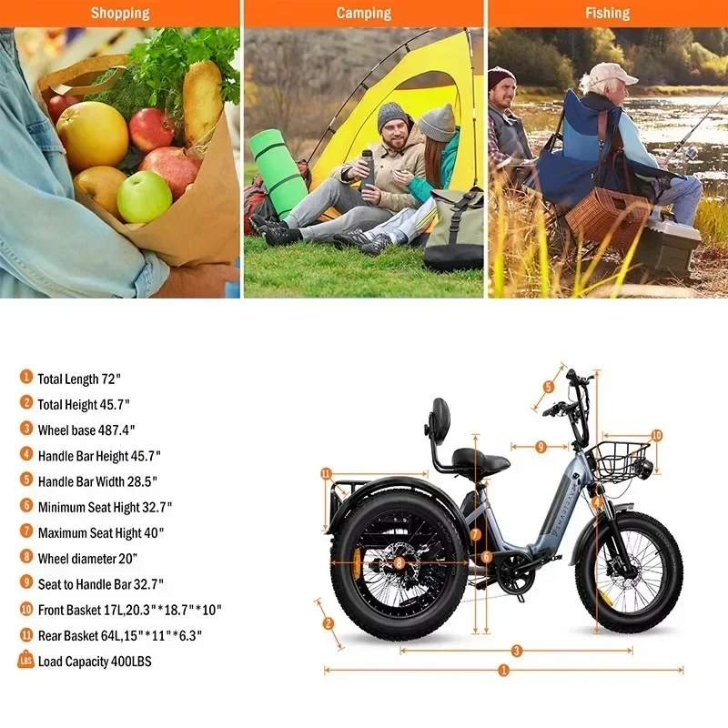 3-Wheeled Electric Bicycle 750W Motor 48V 18AH Dual Lithium Battery 20*4.0 Fat Tire Hydraulic Brake E-Bike Cargo Off-road Bike