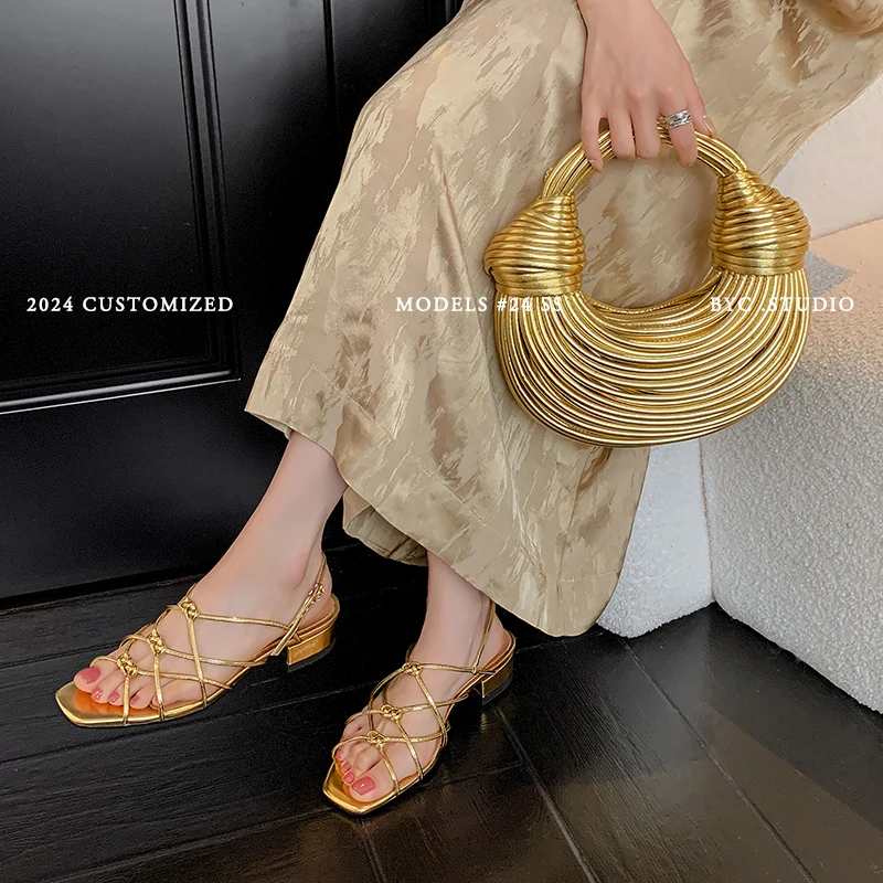 Women Sandals Narrow Band Retro Ladies Summer Sandals Gold Brown Roman Style Vintage Gladiator Shoes On Med Heel 3 CM
