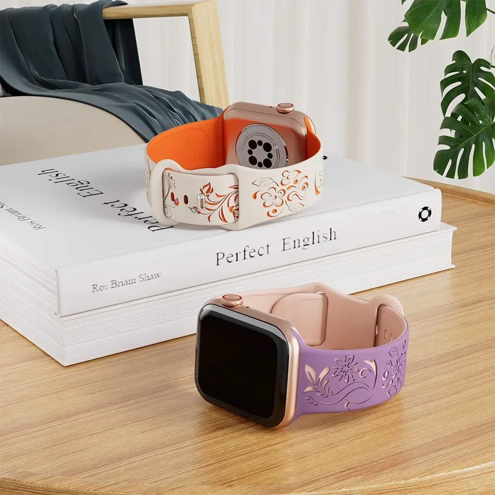 2pcs Floral Engraved Silicone Bands for Apple Watch Series 10 9 8 7 6 SE 5 4 3 Sport Straps 42mm 46mm 49mm 45mm 40mm 44mm 41mm