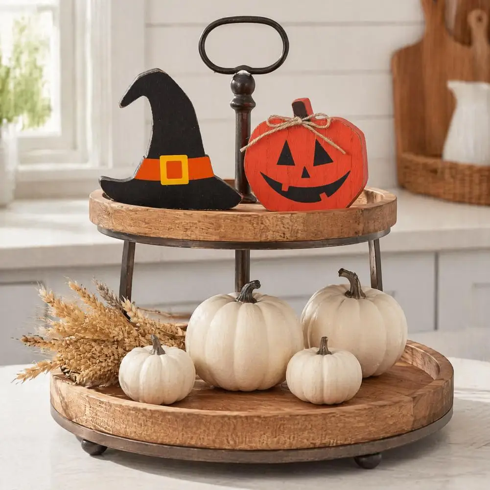 Handmade Wood Crafts Wooden Pumpkin Signs Halloween Table Sign Wooden Pumpkin Ghost Block Rustic Tiered Tray Ornament Indoor