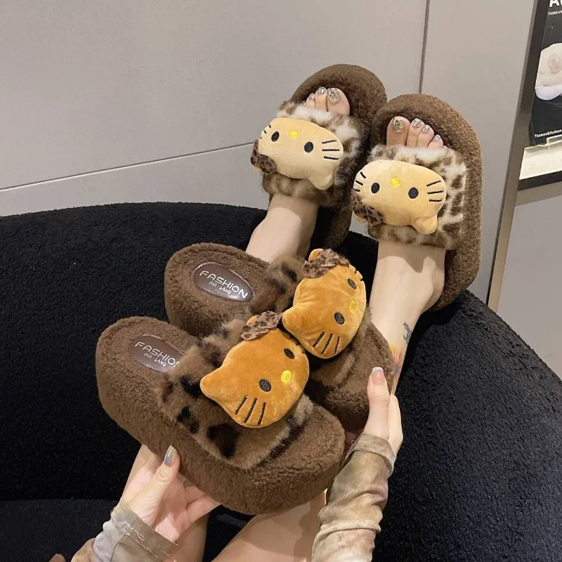 Kawaii لطيف مرحبا كيتي النعال القطن فتاة خريف شتاء وصول موضة الكرتون أنيمي ليوبارد طباعة غامض النعال فتاة هدية