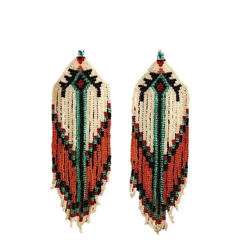 2pairs/lot Vintage Ethnic Style Handmade Beaded Earrings for Women Bohemian Colorful Tassel Seed Bead