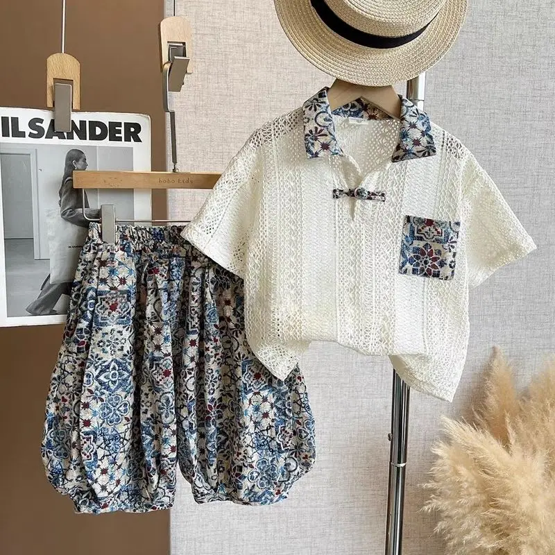 Kinder Set Jungen Ethnischen Stil Anzug Sommer Neue Baby Gestrickte Häkeln Nähte Farbe POLO-Shirt Zwei-stück Trend