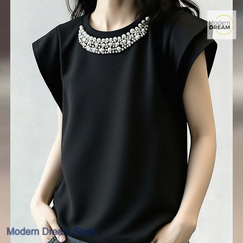 Korean version of large-size beaded blouse heavy industry advanced flying sleeve shirt T-shirt female summer new gray vest