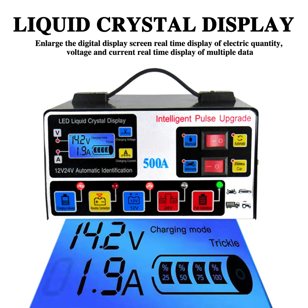 12/24V 500A High-Power Car Battery Charger Intelligent Pulse Repair LCD Digital Display Full-Automatic Self-Stop Battery Charger